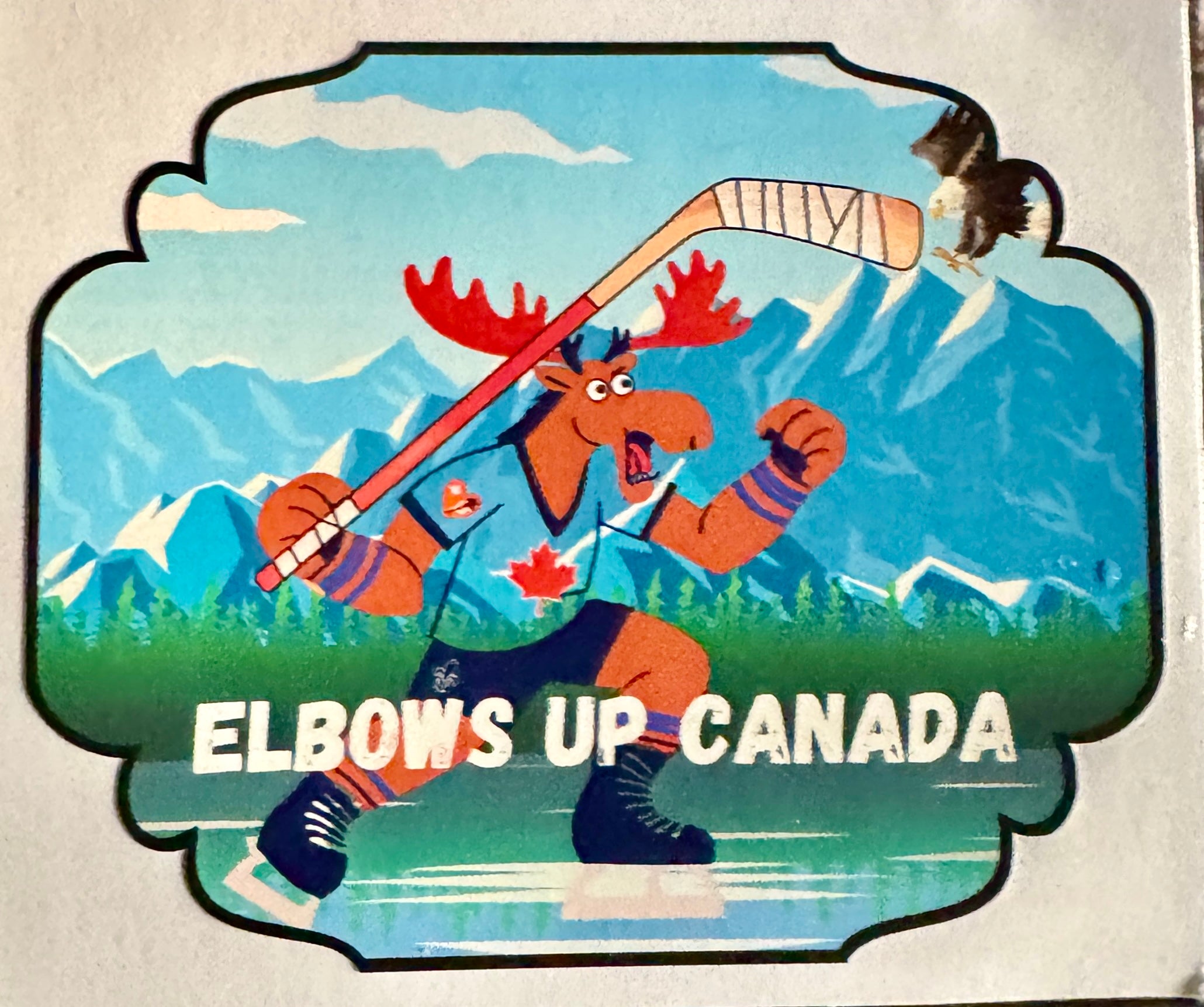 4" x 3.25" Vinyl Bumper Sticker Elbows Up Moose with Hockey Stick - Rowantree Clothing