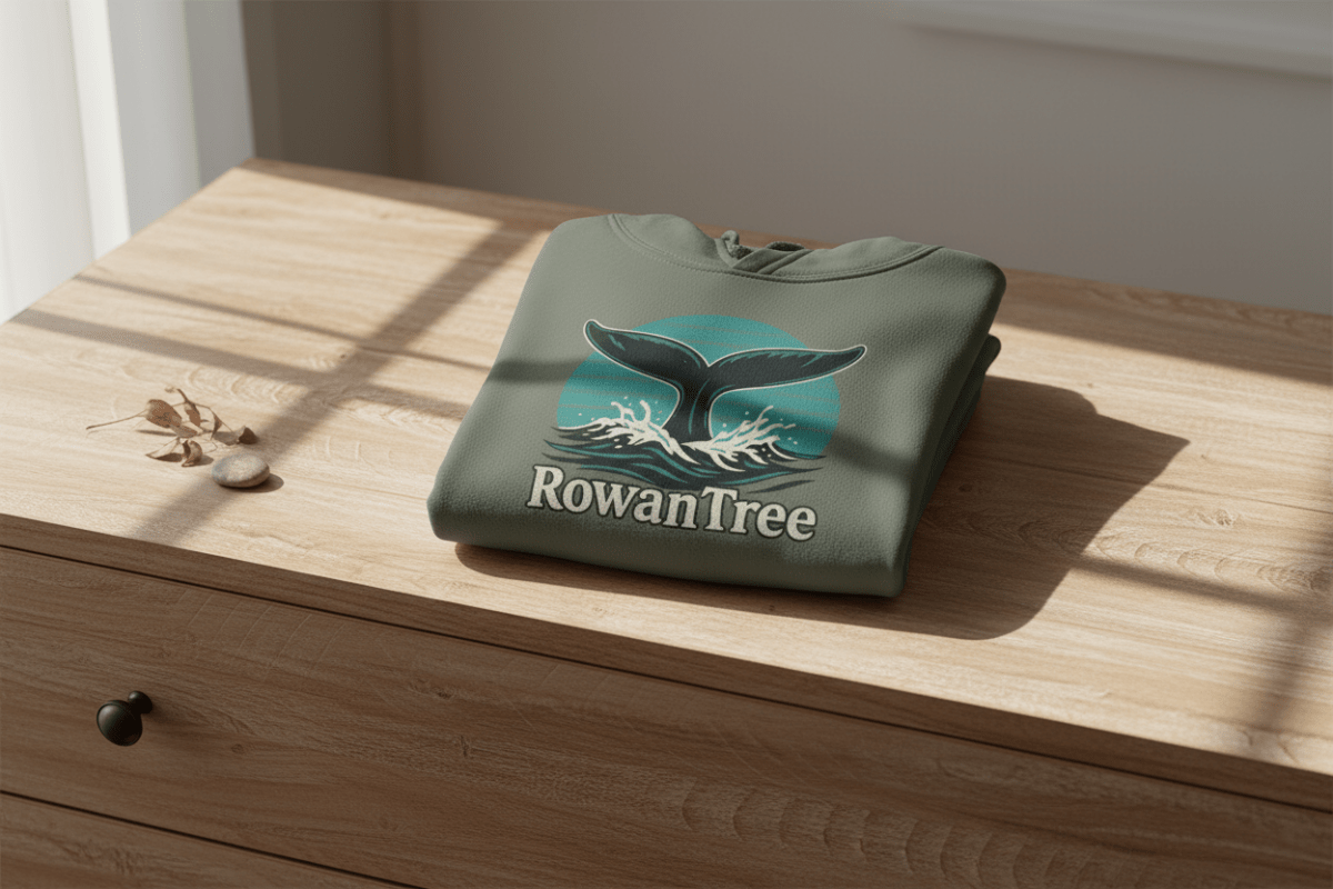 RowanTree Whale Song Pullover Hoodie - RowanTree ClothingFolded hoodie with 'RowanTree' whale logo .